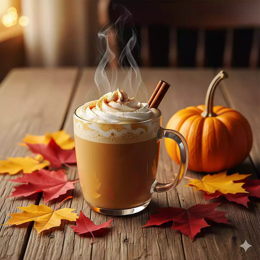 A steaming mug of pumpkin spice latte made with stevia, garnished with a cinnamon stick, sits on a rustic wooden table next to a whole pumpkin and autumn leaves, representing a healthy, sugar-free fall.