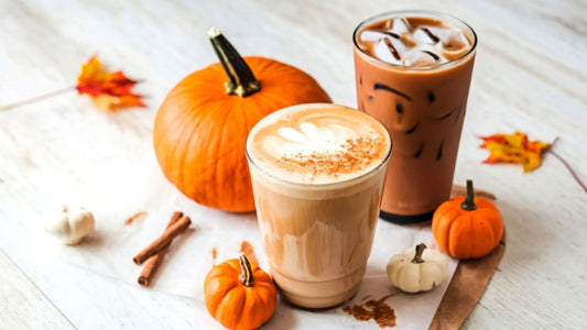 A cozy warm drink and an iced beverage, both sugar-free and sweetened with stevia, accented with fall pumpkins and cinnamon, emphasizing natural sweetness and wellness goals.