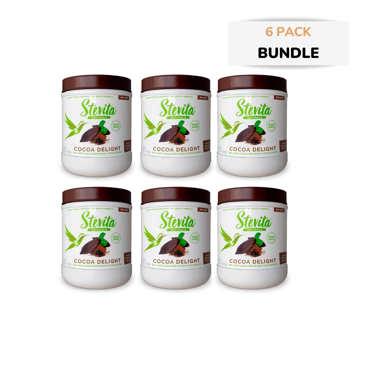 Six jars of Stevita Cocoa Delight. A "6 Pack Bundle" label