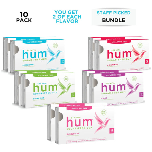 Hum Sugar-Free Gum 10-pack with a variety of flavors: peppermint, spearmint, bubblegum, cinnamon, and fruit. Each gum is aspartame-free.