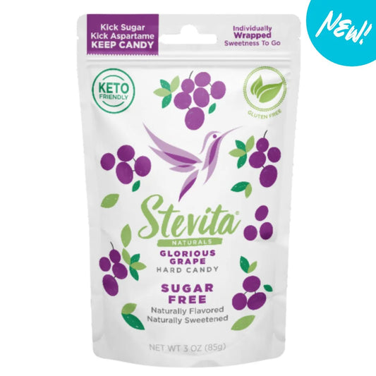 Vibrant grape-flavored sugar-free hard candy hero image, showcasing the rich and irresistible stevia-sweetened treat.