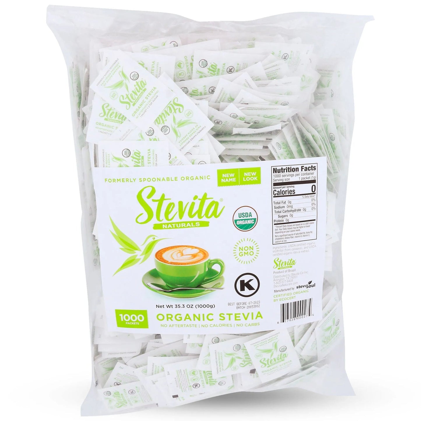 Stevita Naturals Organic Stevia Bag sweetener. 1000 single-serve packets.