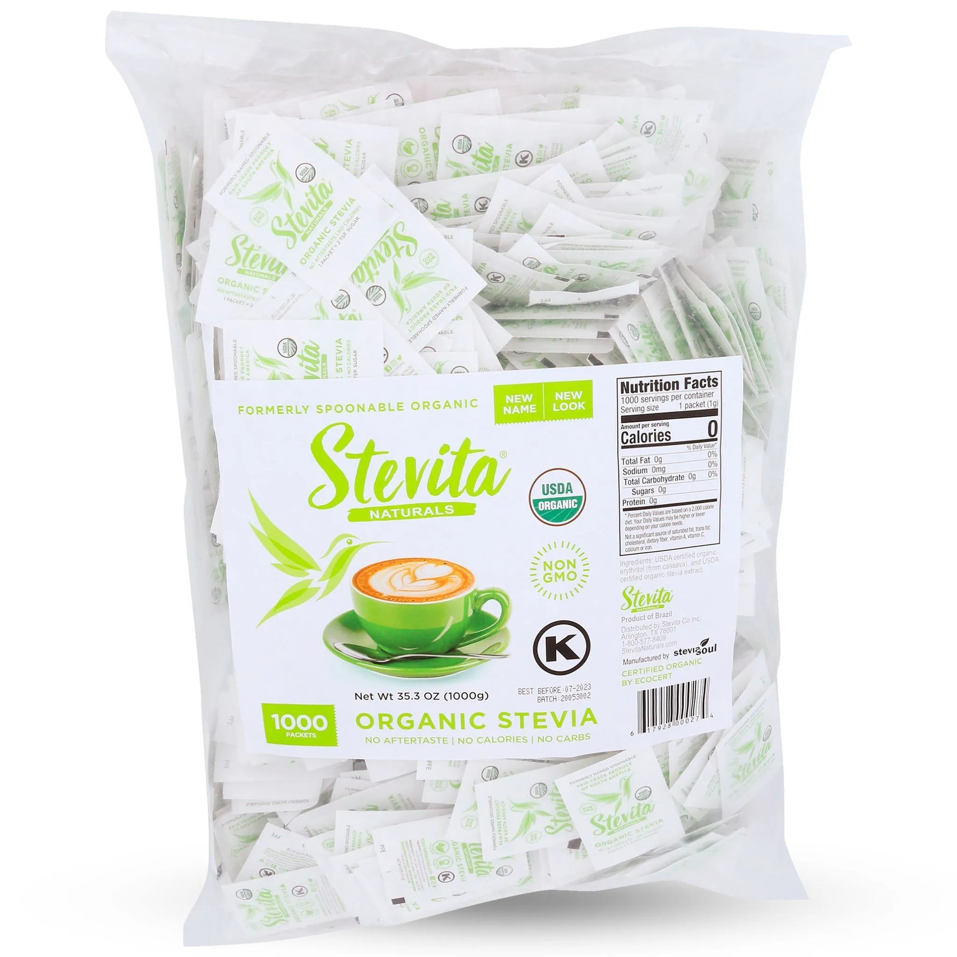 Stevita Naturals Organic Stevia Bag sweetener. 1000 single-serve packets.