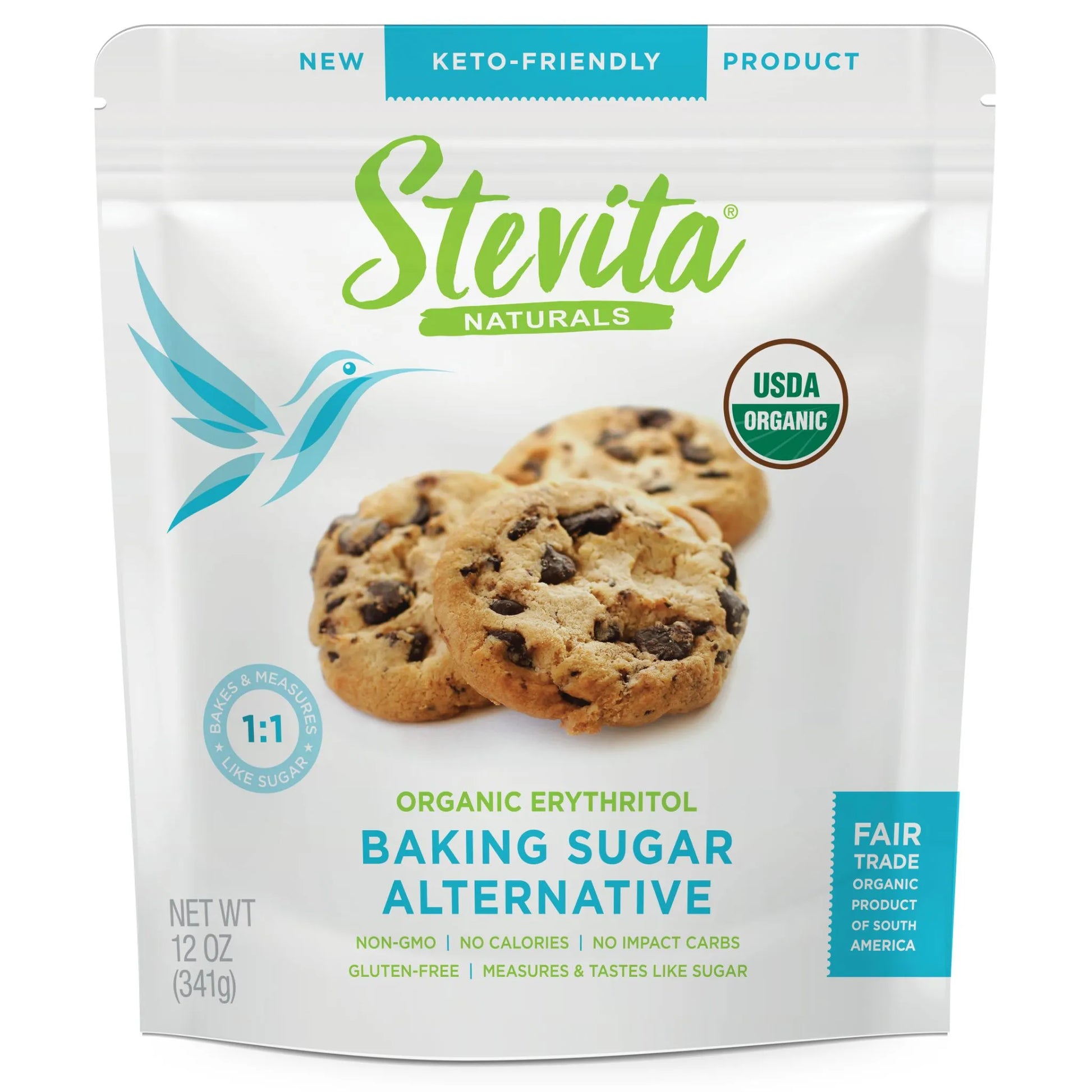 Stevita Naturals Baking Sugar Alternative pouch. Keto-friendly, USDA organic labels.