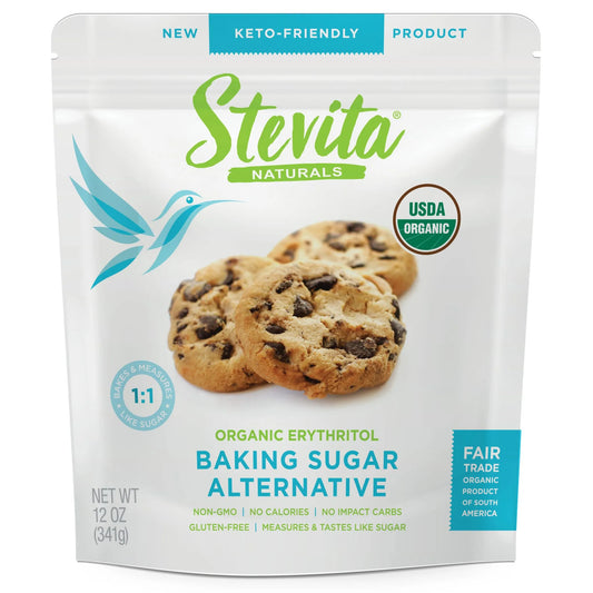 Stevita Naturals Baking Sugar Alternative pouch. Keto-friendly, USDA organic labels.