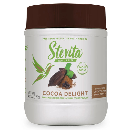 Stevita Naturals Cocoa Delight cocoa powder, 4.2 oz, sugar-free and non-GMO.