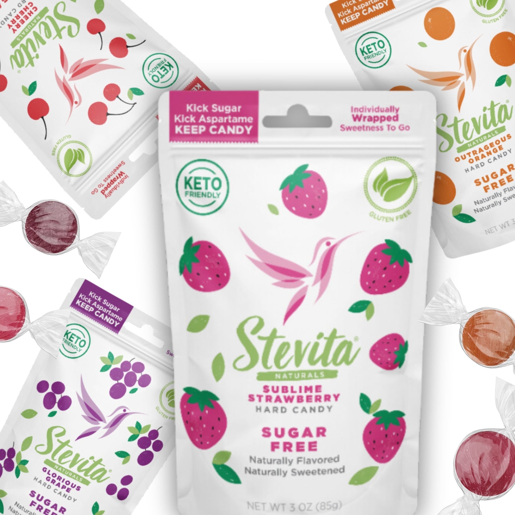 Packages of Stevita sugar-free hard candies in strawberry, cherry, and orange flavors, highlighting keto-friendly and gluten-free benefits.