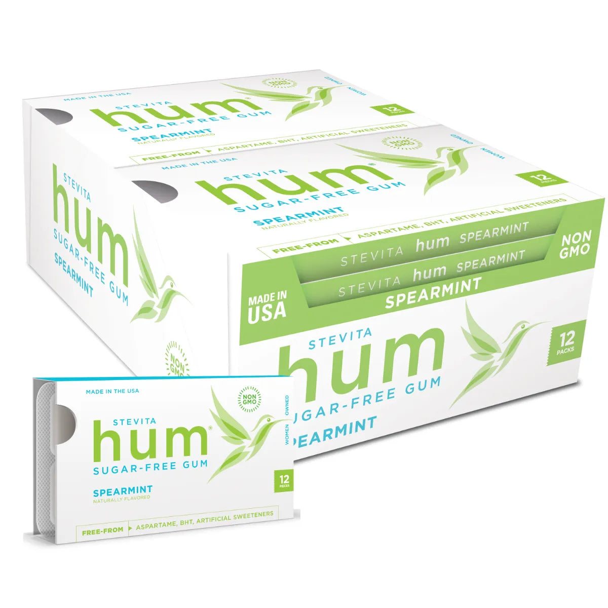 12-pack box of Hum Spearmint Sugar-Free Gum. Stevia sweetened, Non-GMO, Gluten-Free, and Keto-Friendly.