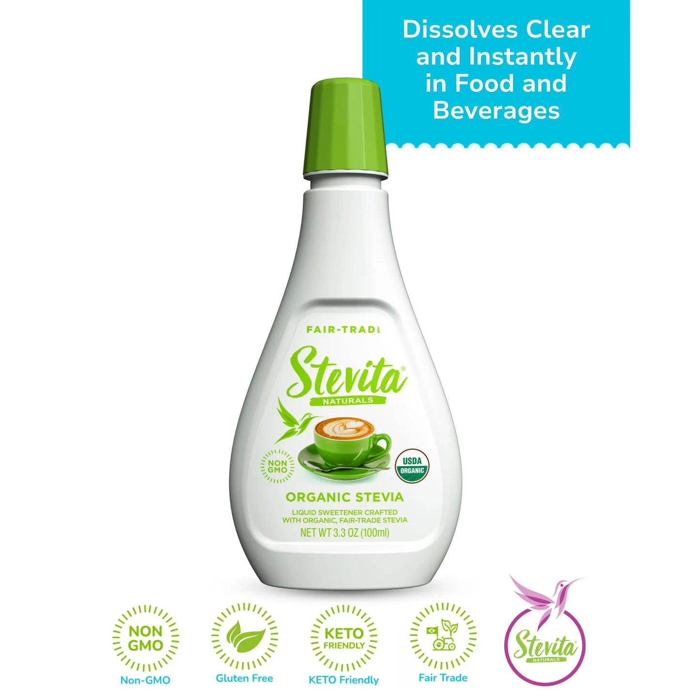 Bottle of Stevita organic stevia liquid sweetener, labeled as non-GMO, gluten-free, and keto-friendly. Text highlights it dissolves instantly