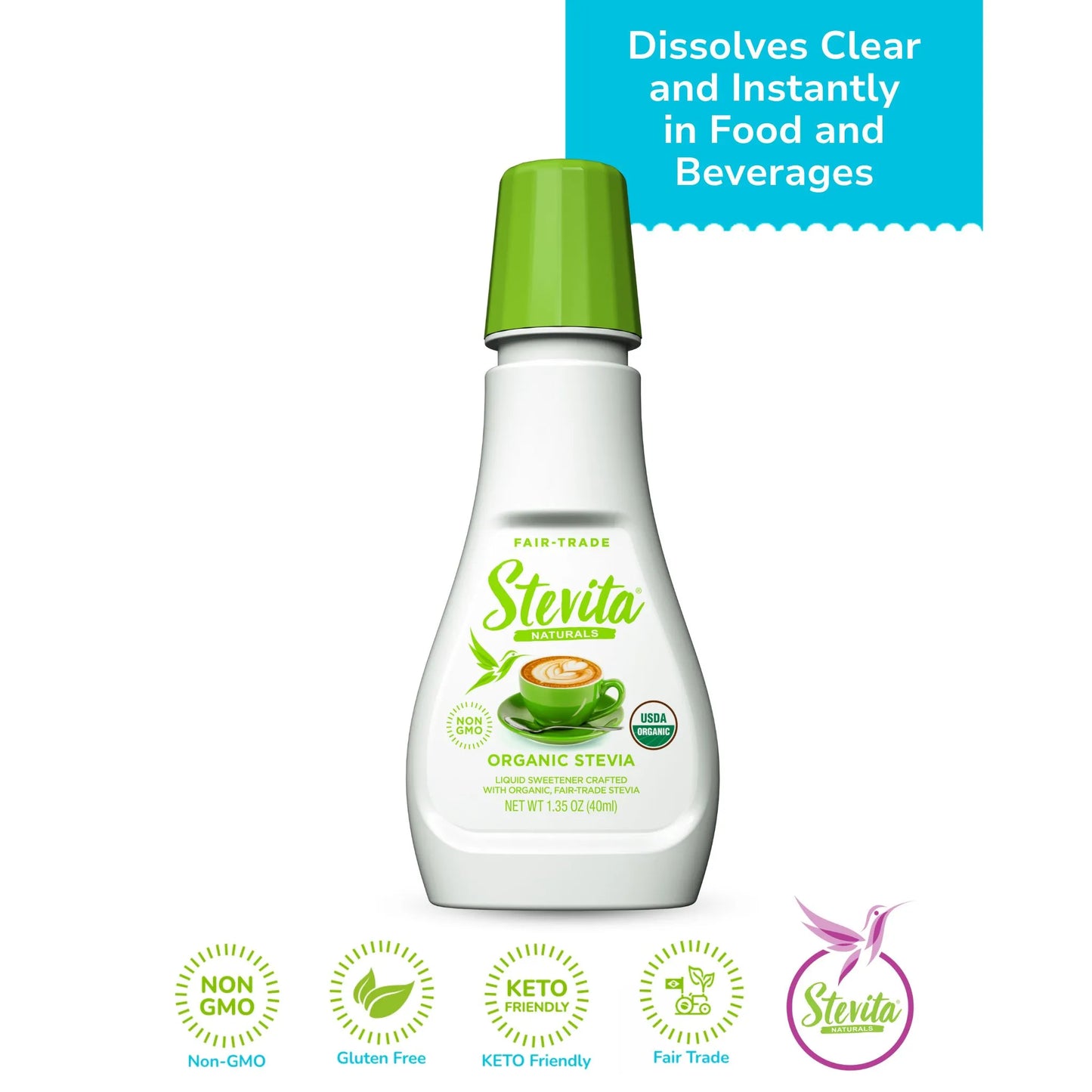 Stevita Naturals Organic Stevia liquid sweetener. Highlights it as Fair Trade, non-GMO, gluten-free, and keto-friendly. Banner reads, "Dissolves Clear and Instantly in Food and Beverages"