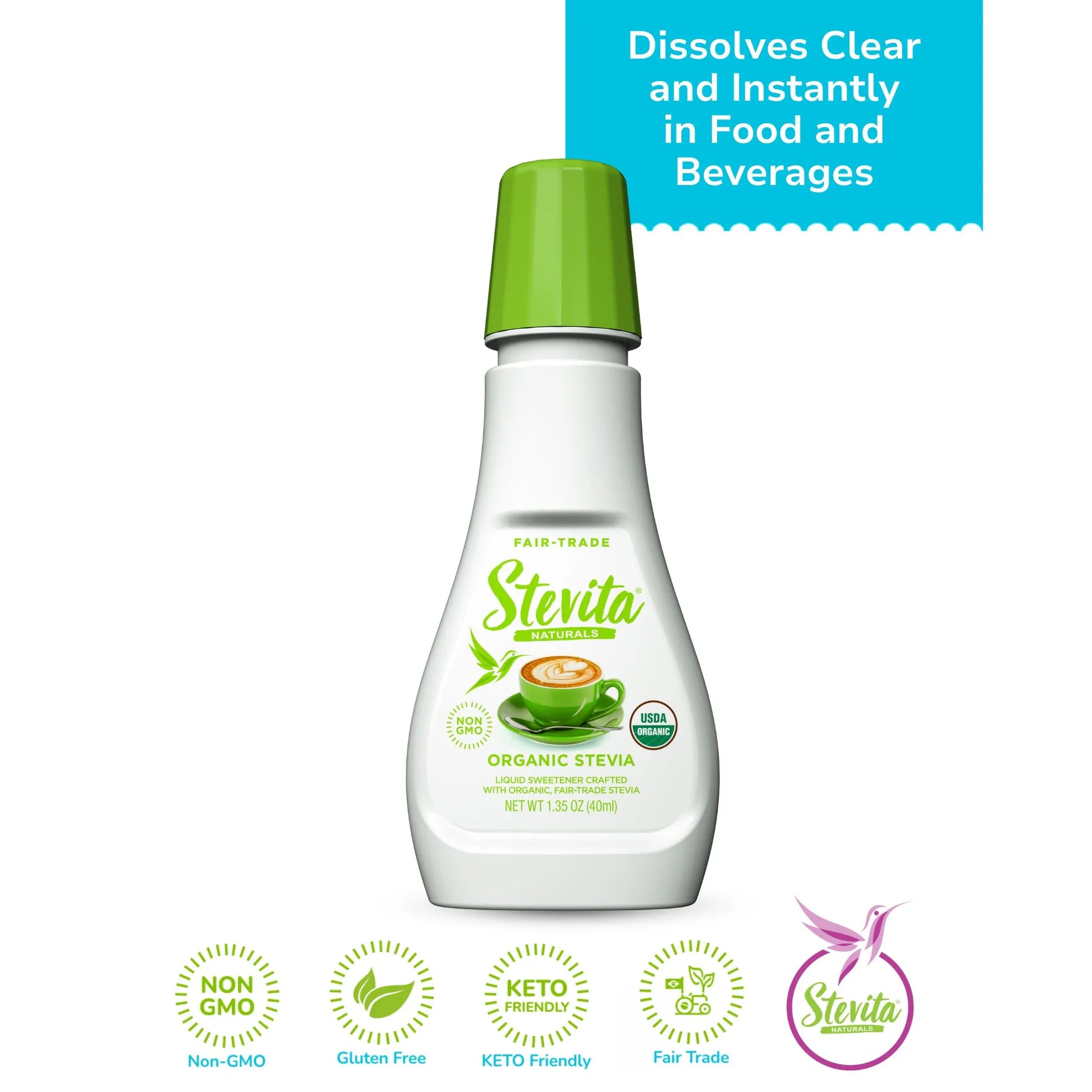 Stevita Naturals Organic Stevia liquid sweetener. Highlights it as Fair Trade, non-GMO, gluten-free, and keto-friendly. Banner reads, "Dissolves Clear and Instantly in Food and Beverages"