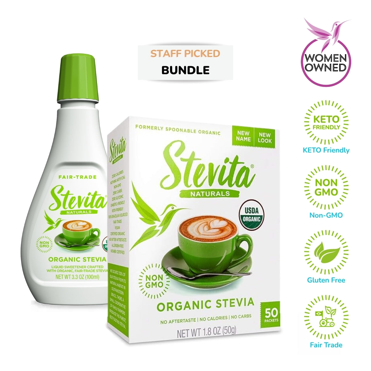 Stevita Naturals organic stevia bottle and box with certifications and labels for fair-trade, non-GMO, USDA organic, keto-friendly, gluten-free, and women-owned business.