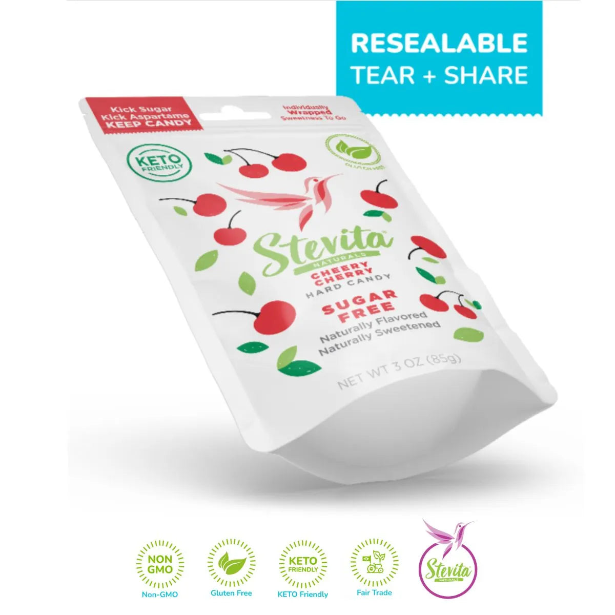 Stevita cherry flavor sugar-free hard candy pouch, highlighting key benefits like keto-friendly, vegan, organic, diabetic supportive, and gluten-free.