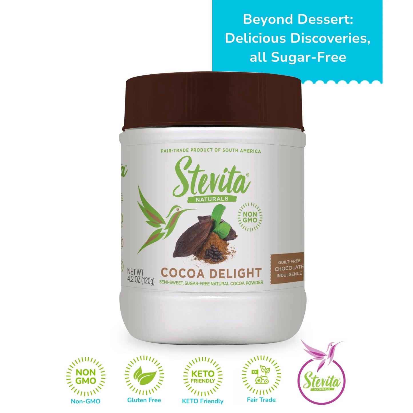 A jar of Stevita Naturals Cocoa Delight . Labels read Non-GMO, Gluten-Free, KETO Friendly and Fair Trade.