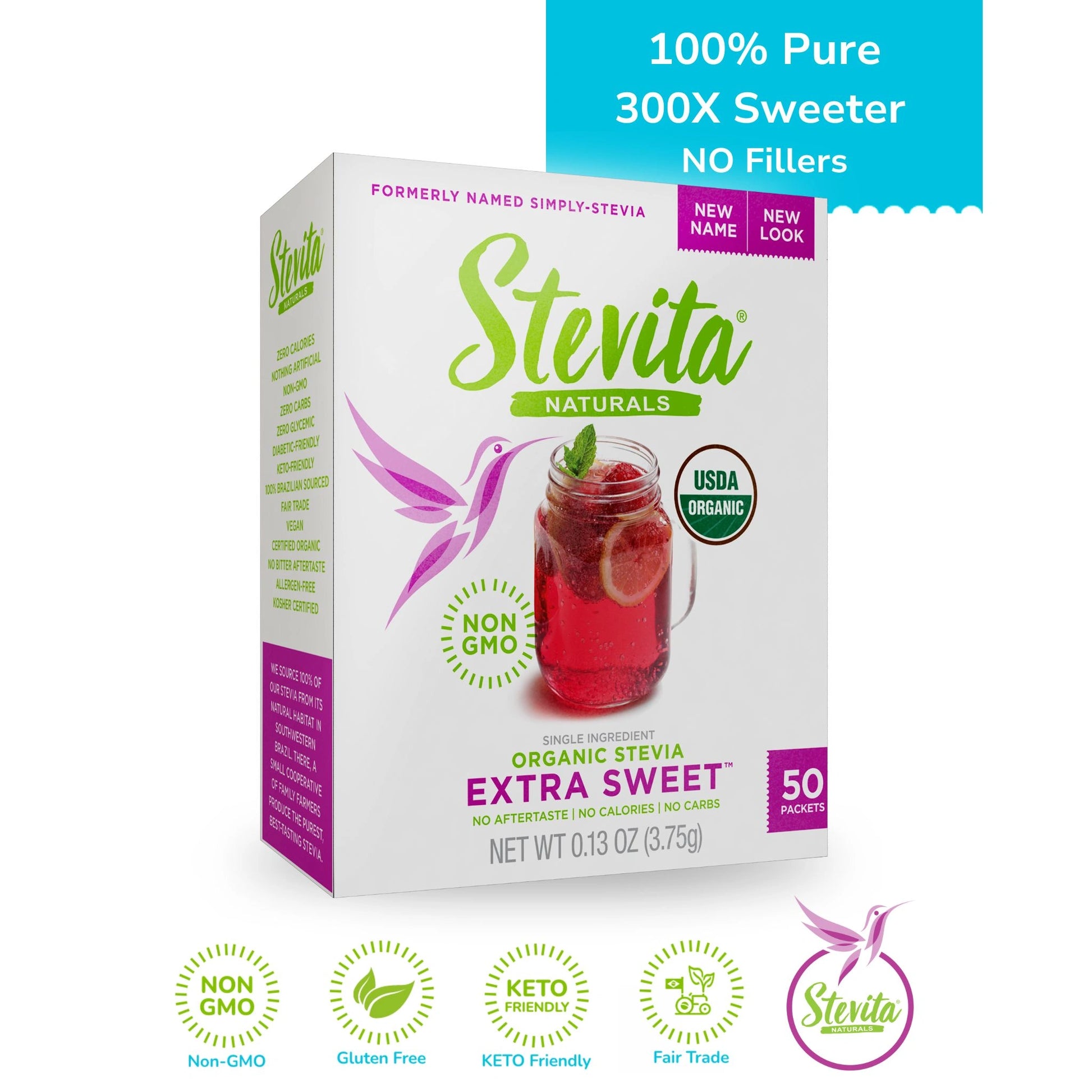 Organic Stevia Extra Sweet Box. 50 Packets. 100% Pure, 300X Sweeter, No Fillers.” Non-GMO, gluten-free, keto-friendly, and fair trade Icons.
