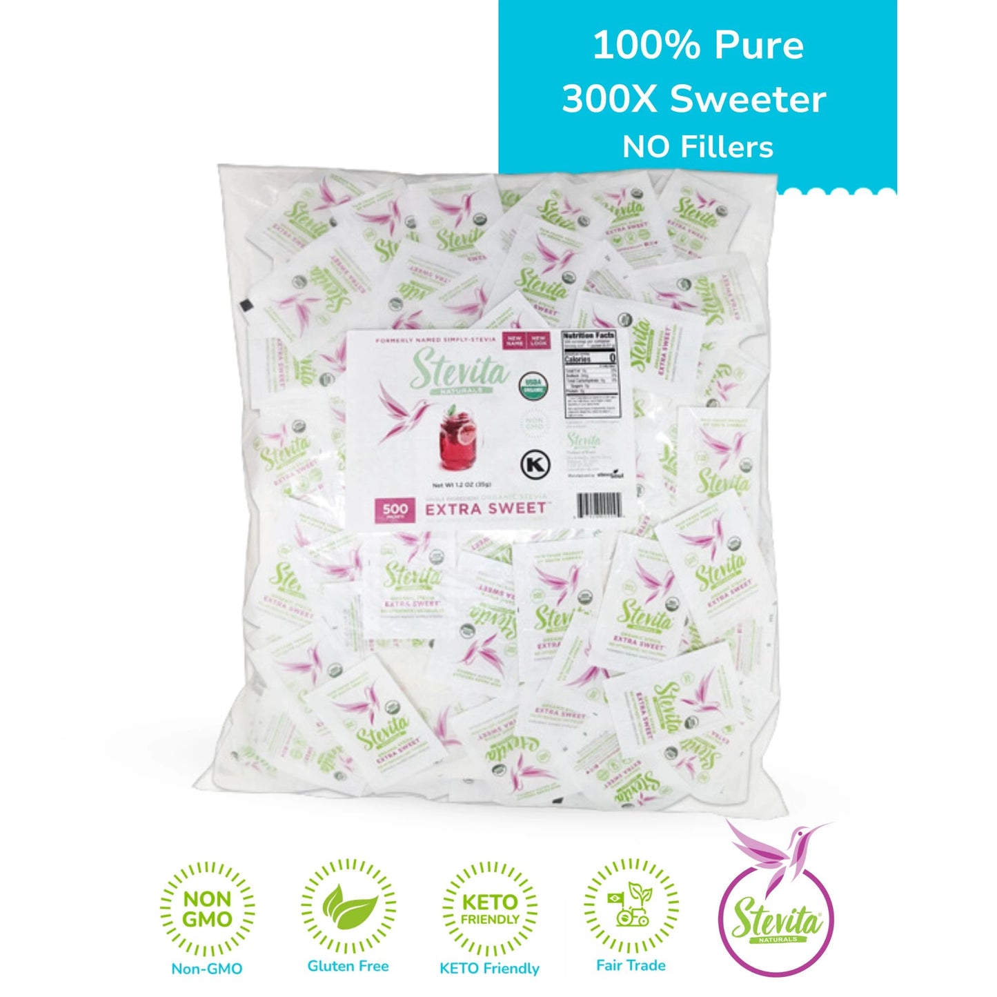Bag of Stevita sweetener packets labeled "100% Pure, 300X Sweeter, NO Fillers." Features icons for Non-GMO, Gluten-Free, Keto-Friendly, and Fair Trade.