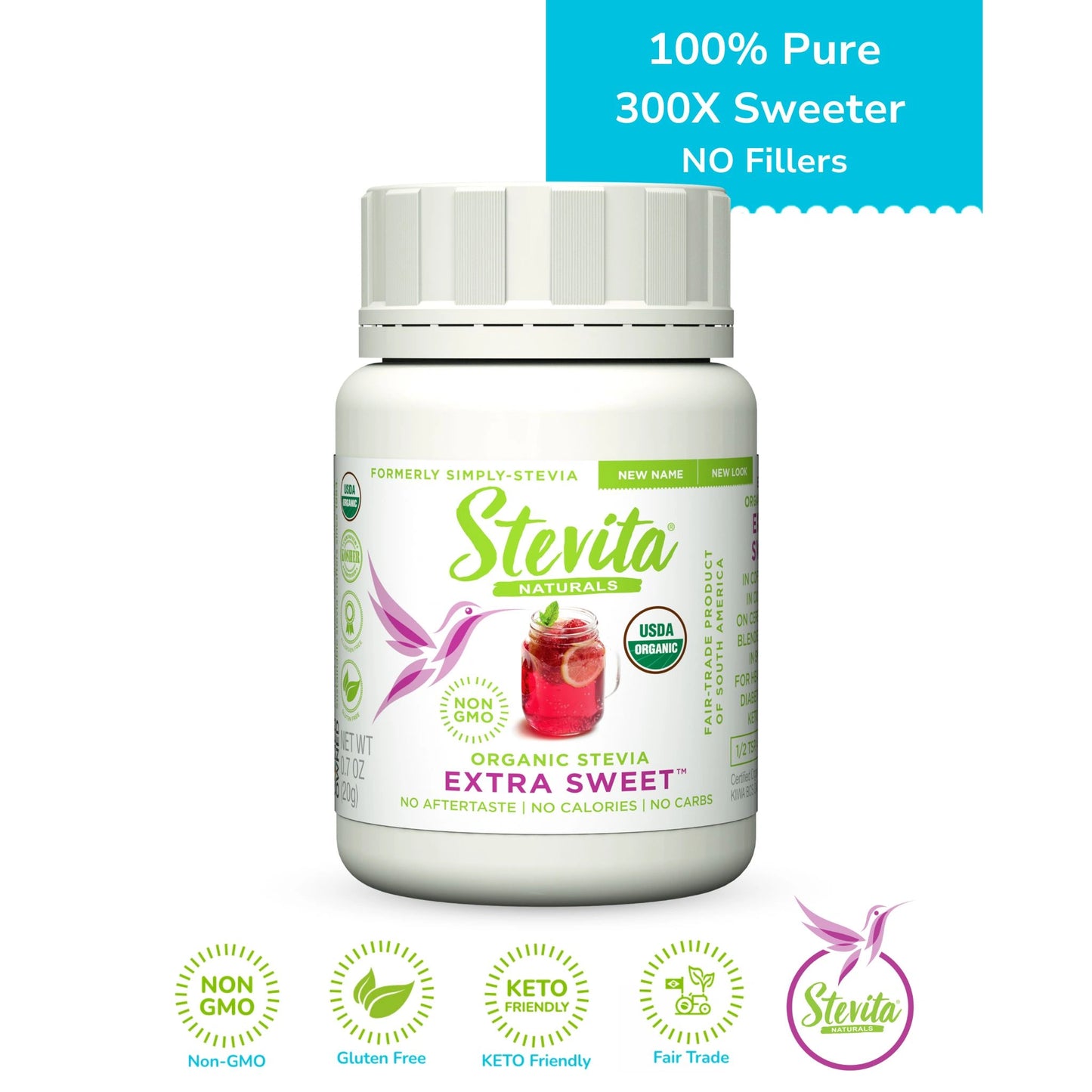Organic Stevia Extra Sweet Jar. Text highlights “100% Pure, 300X Sweeter, No Fillers.” Non-GMO, gluten-free, keto-friendly, and fair trade Icons.