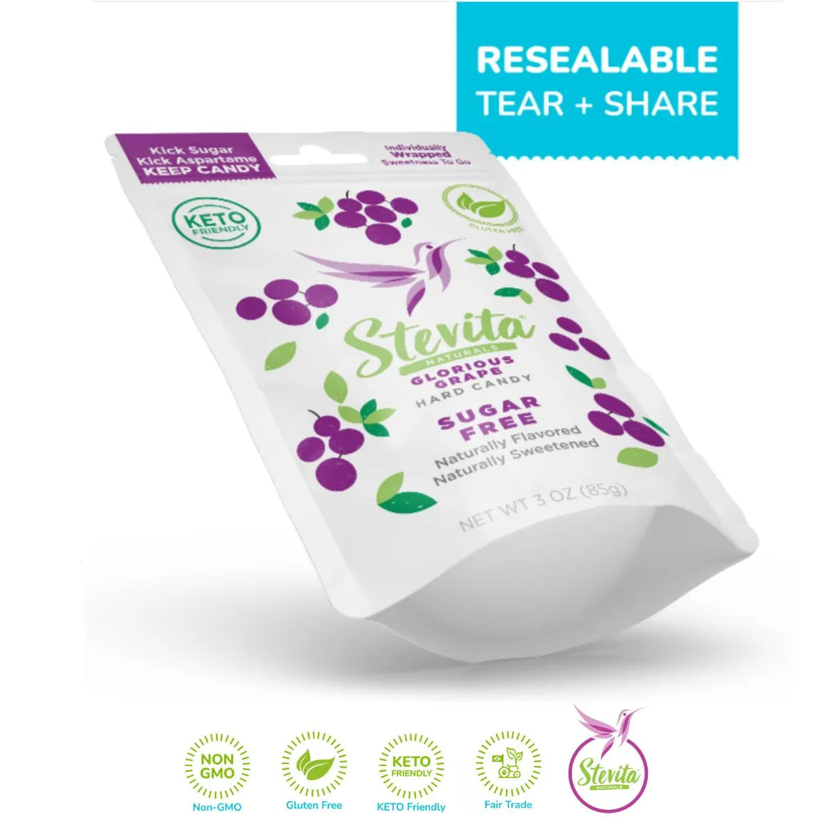 Stevita grape flavor sugar-free hard candy pouch, highlighting key benefits like keto-friendly, vegan, organic, diabetic supportive, and gluten-free.