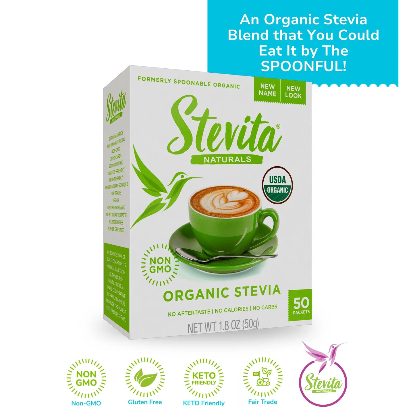 Organic Stevia Box. 50 Packets. Non-GMO, gluten-free, keto-friendly, and fair trade Icons.