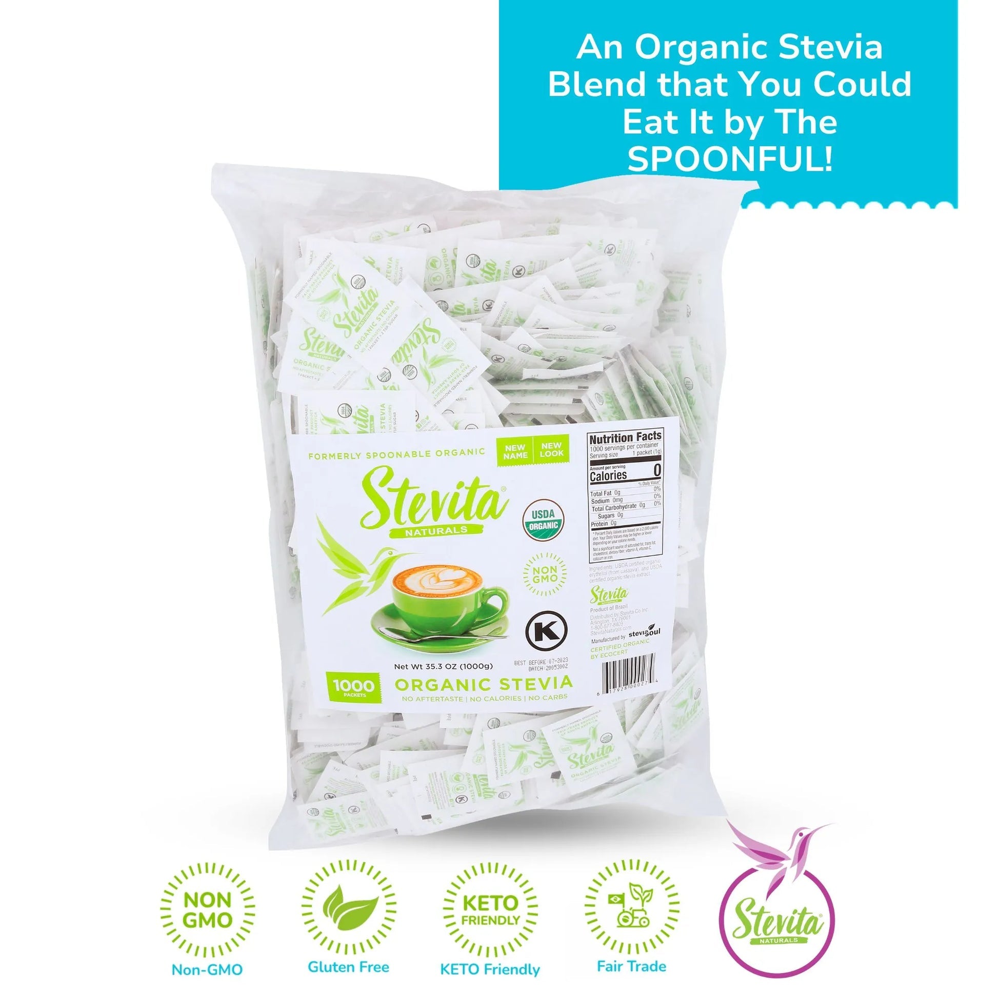 Stevita Naturals Organic Stevia Bag sweetener. 1000 packets. Highlighting being non-GMO, gluten-free, keto-friendly, and fair trade.