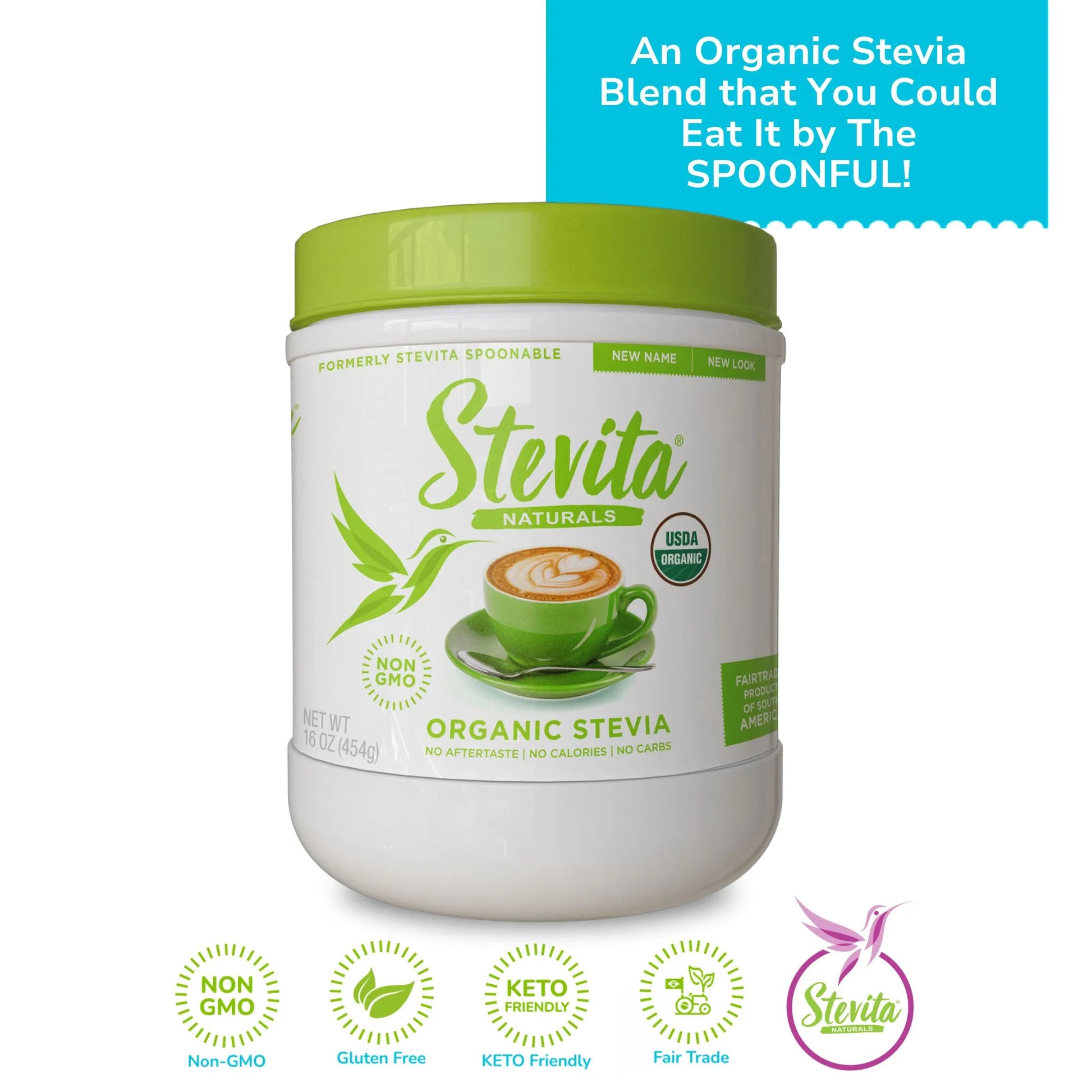 Stevita Naturals Organic Stevia Jar 16oz. Labels highlight non-GMO, gluten-free, and keto-friendly features.