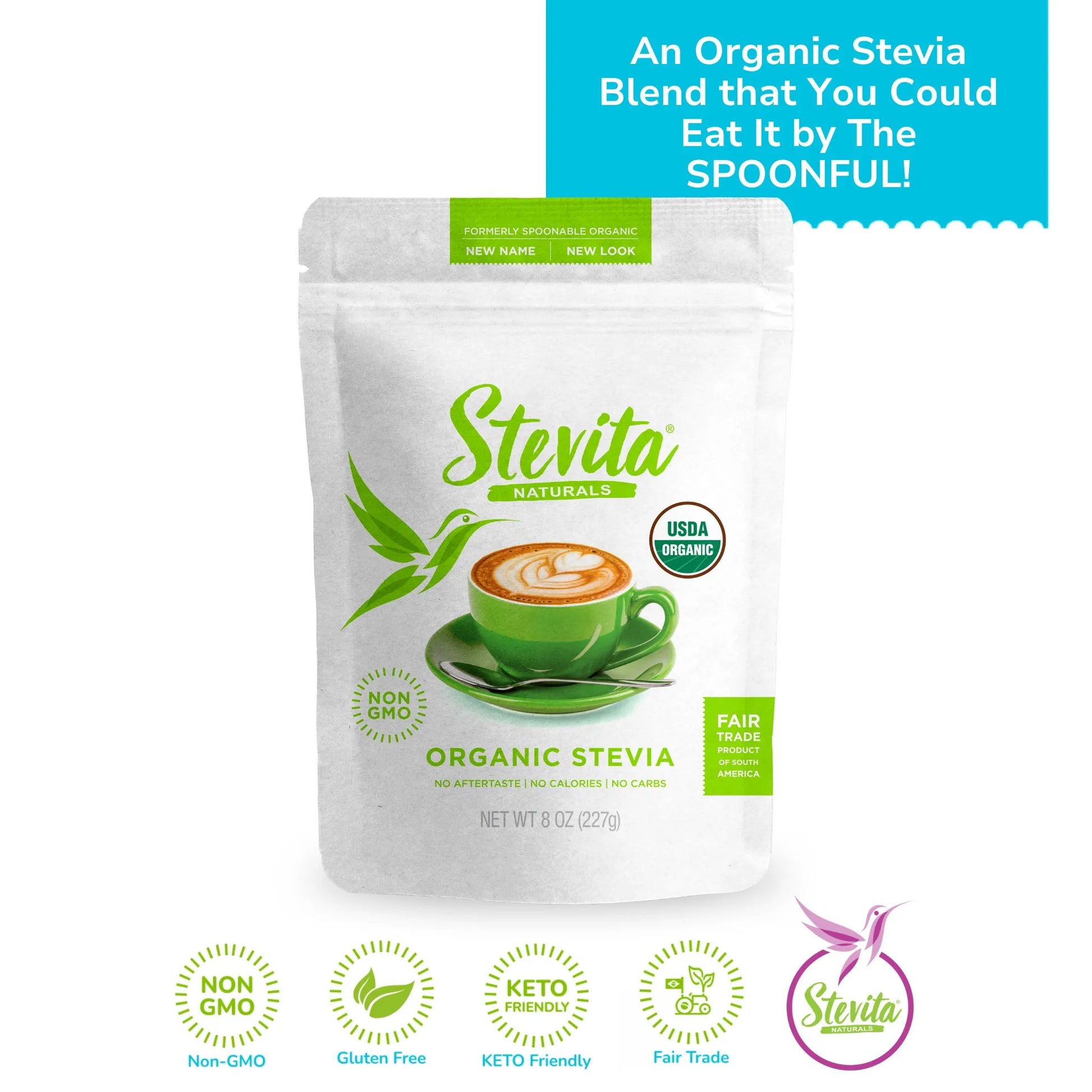 Stevita Naturals Organic Stevia Pouch 80oz. Labels highlight non-GMO, gluten-free, and keto-friendly features.
