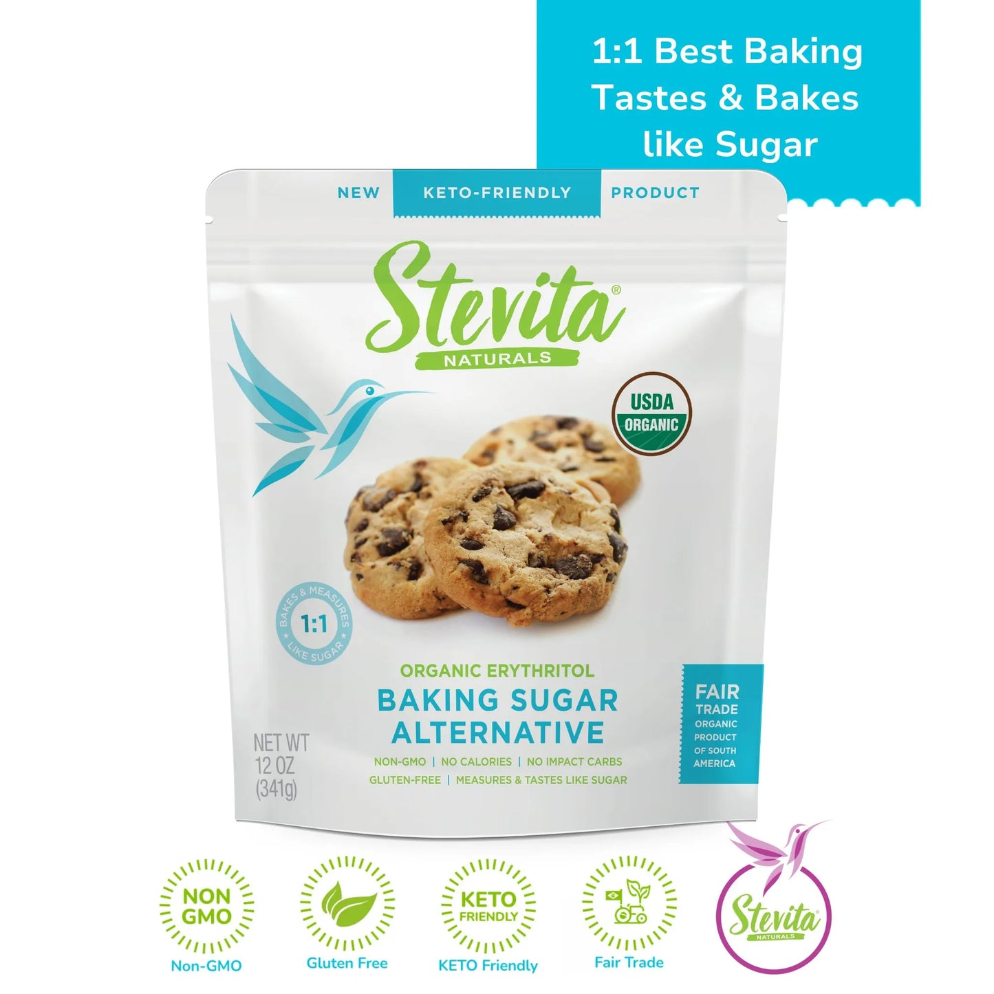 Packaging of Stevita Naturals Organic Erythritol Baking Sugar Alternative. Highlights include non-GMO, keto-friendly, and gluten-free features