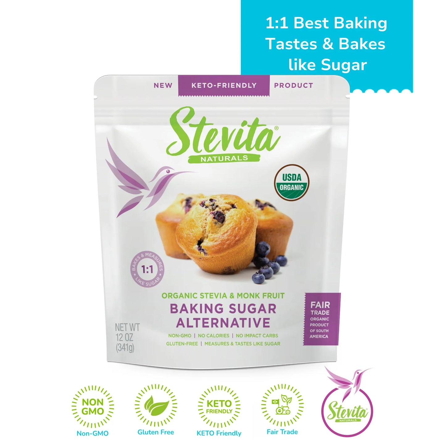 Stevita Baking Sugar Alternative Pouch, highlighting its USDA organic, non-GMO, gluten-free, keto-friendly features.