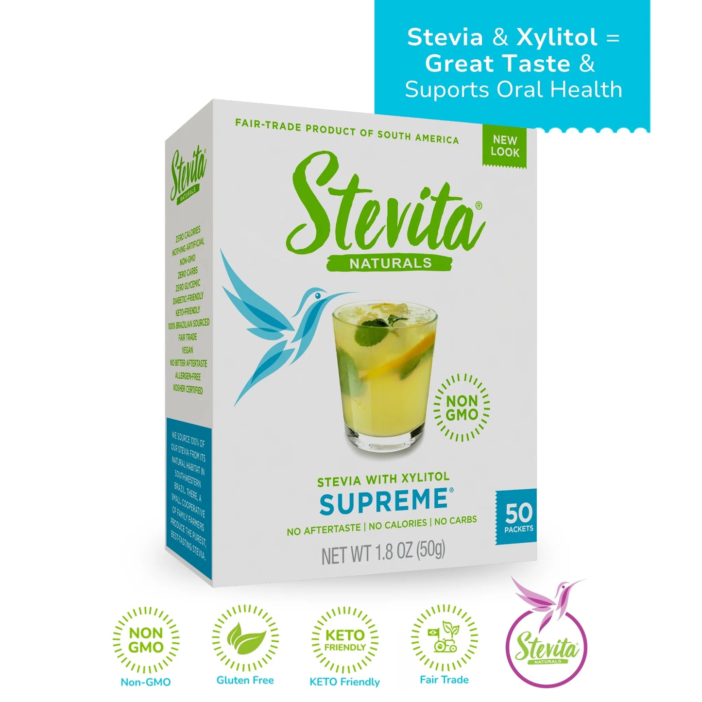 Stevita Naturals Supreme Stevia with Xylitol. 50 Packets. Labels highlight non-GMO, gluten-free, and keto-friendly features.