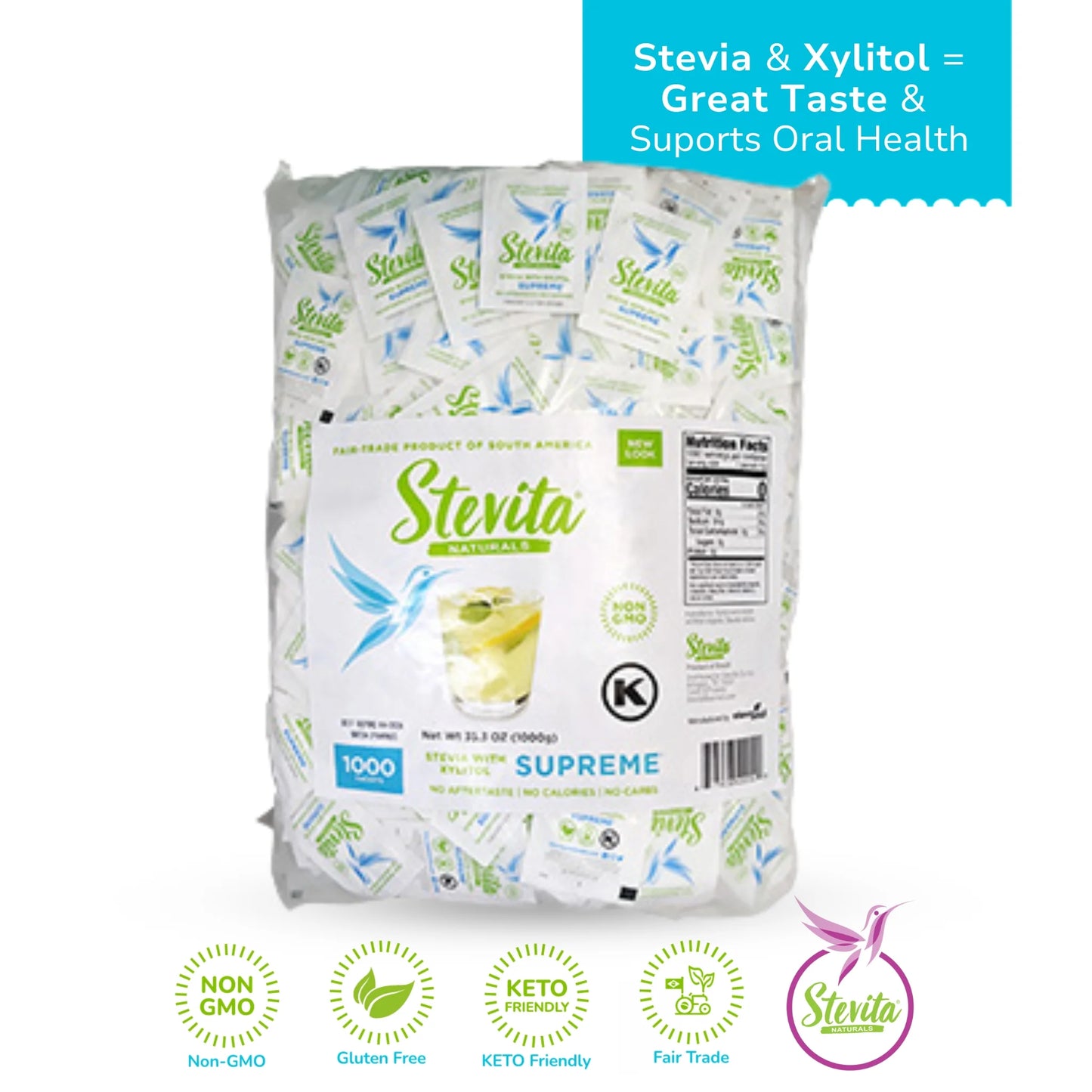 Stevita Naturals Supreme Stevia with Xylitol Bag. 1000 packets. Features icons for non-GMO, gluten-free, keto-friendly, and fair trade.