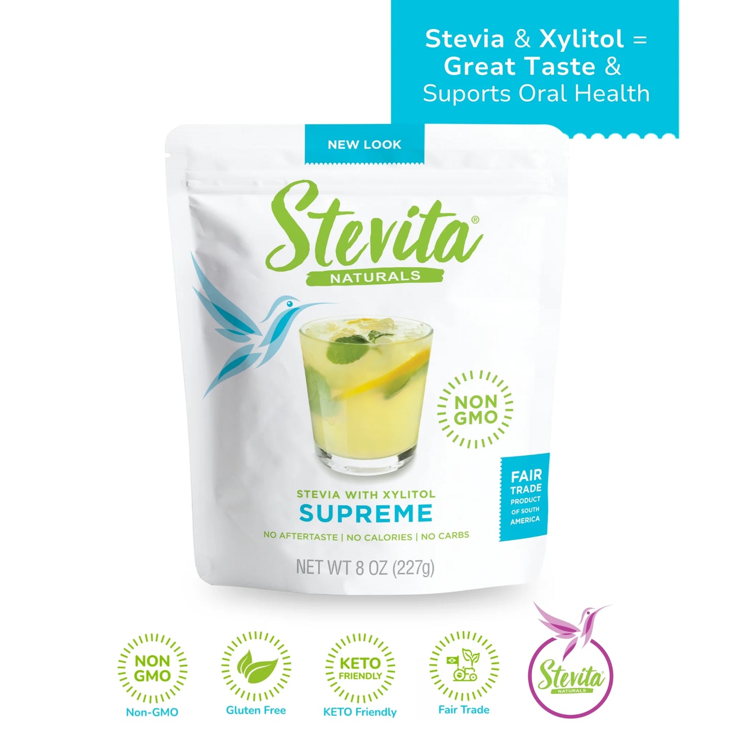 Stevita Naturals Supreme Stevia with Xylitol Pouch 80z. Labels highlight non-GMO, gluten-free, and keto-friendly features.