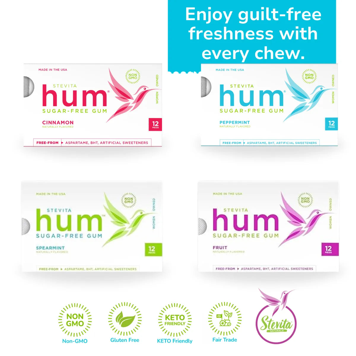 Four packs of Stevita Hum sugar-free gum in cinnamon, peppermint, spearmint, and fruit flavors. Text reads "Enjoy guilt-free freshness with every chew." Icons below indicate non-GMO, gluten-free, keto-friendly, and fair trade.
