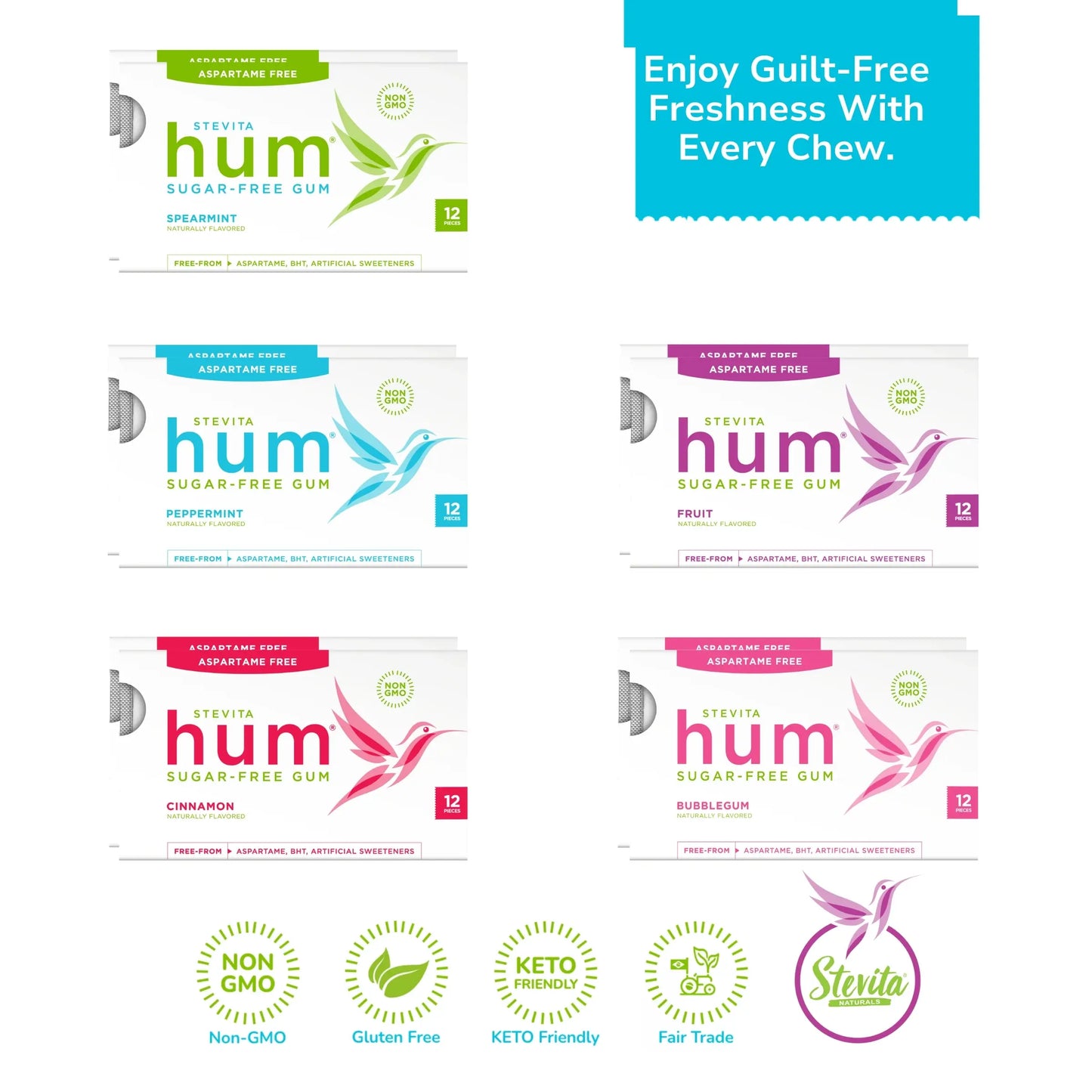 Five packs of different flavored Stevita Hum sugar-free gum displayed. Text reads "Enjoy Guilt-Free Freshness With Every Chew." Icons indicate the gum is non-GMO, gluten-free, keto friendly, and fair trade.