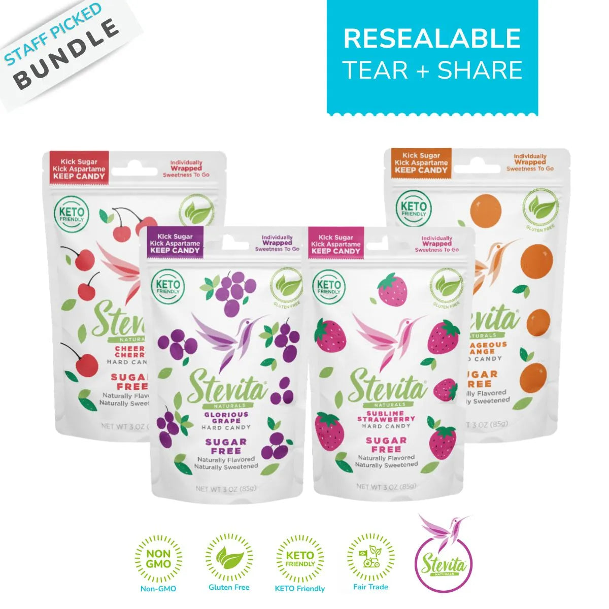 Stevita all flavor sugar-free hard candy pouch, highlighting key benefits like keto-friendly, vegan, organic, diabetic supportive, and gluten-free.
