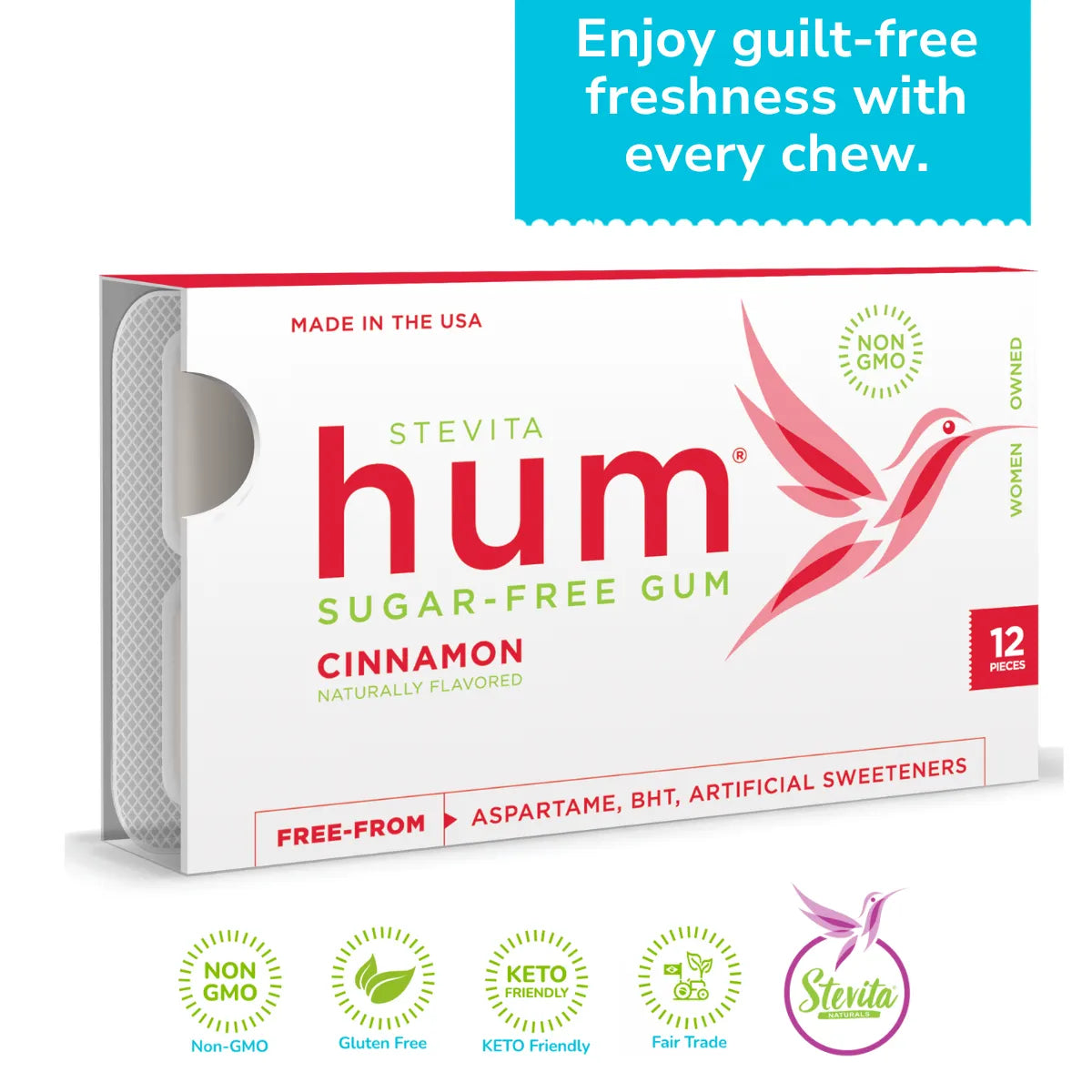 Hum Stevia Sugar-Free Cinnamon Gum, 12 pieces. Non-GMO, Gluten-free, Keto-friendly, and Fair Trade certified. Enjoy guilt-free freshness.