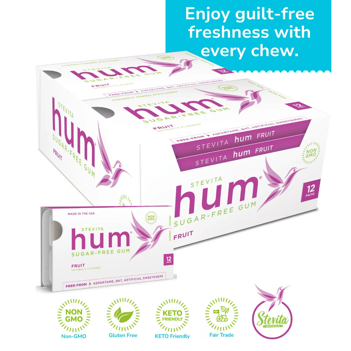 Hum Stevia Sugar-Free Fruit Gum, 12 packs. Non-GMO, Gluten-free, Keto-friendly, and Fair Trade certified. Enjoy guilt-free freshness.
