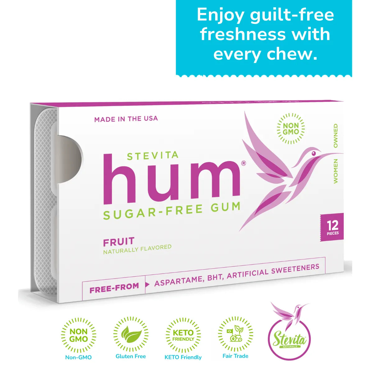 Stevita Hum Fruit Sugar-Free Gum – Keto-Friendly, Non-GMO, Gluten-Free Gum - 12 Pieces, Single Pack