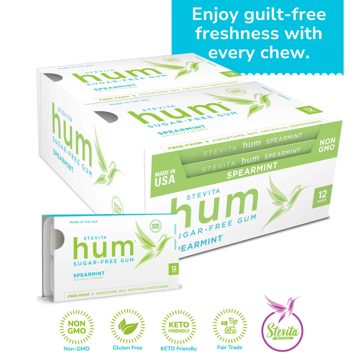 Hum Stevia Sugar-Free Spearmint Gum, 12 packs. Non-GMO, Gluten-free, Keto-friendly, and Fair Trade certified. Enjoy guilt-free freshness.