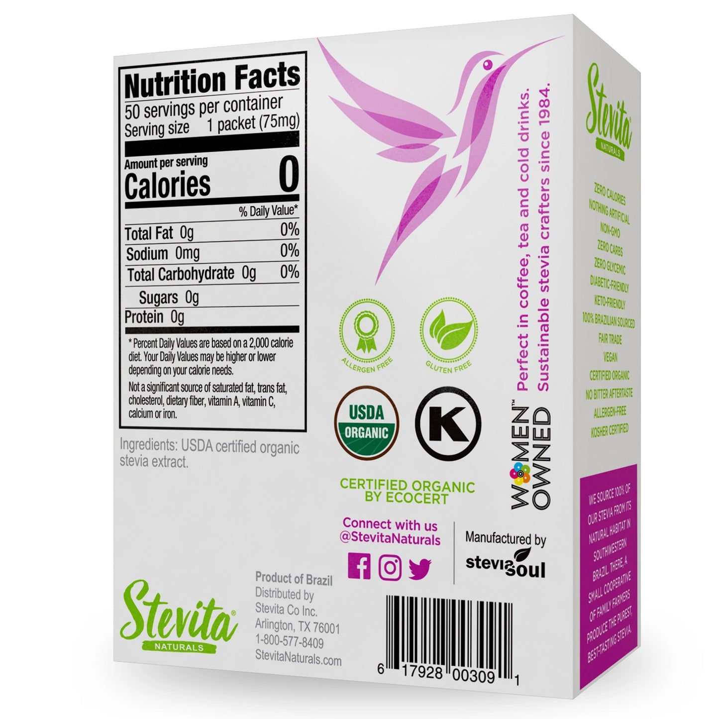 Back view of Organic Stevia Extra Sweet Box. 50 Packets. Includes nutrition facts, organic certifications, and social media icons.