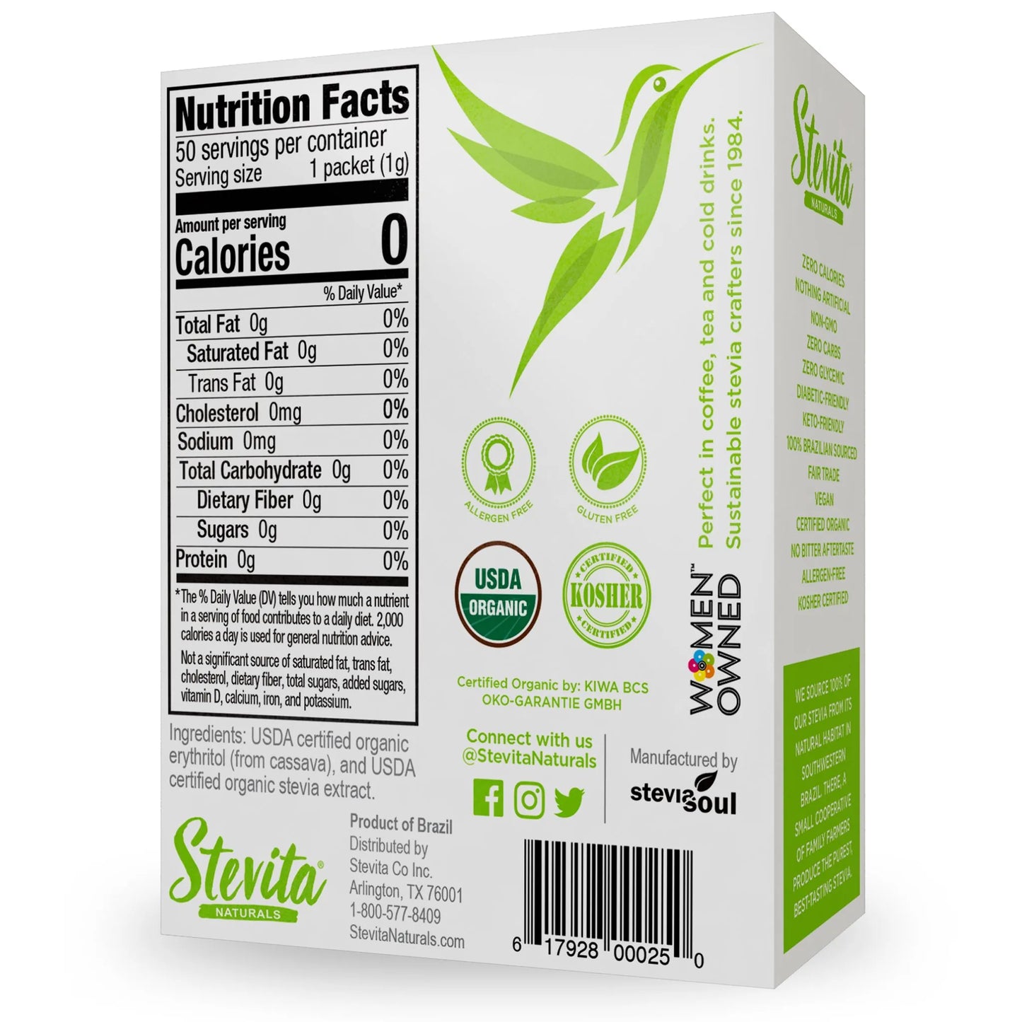 Back view of Organic Stevia Box. 50 Packets. Includes nutrition facts, organic certifications, and social media icons.