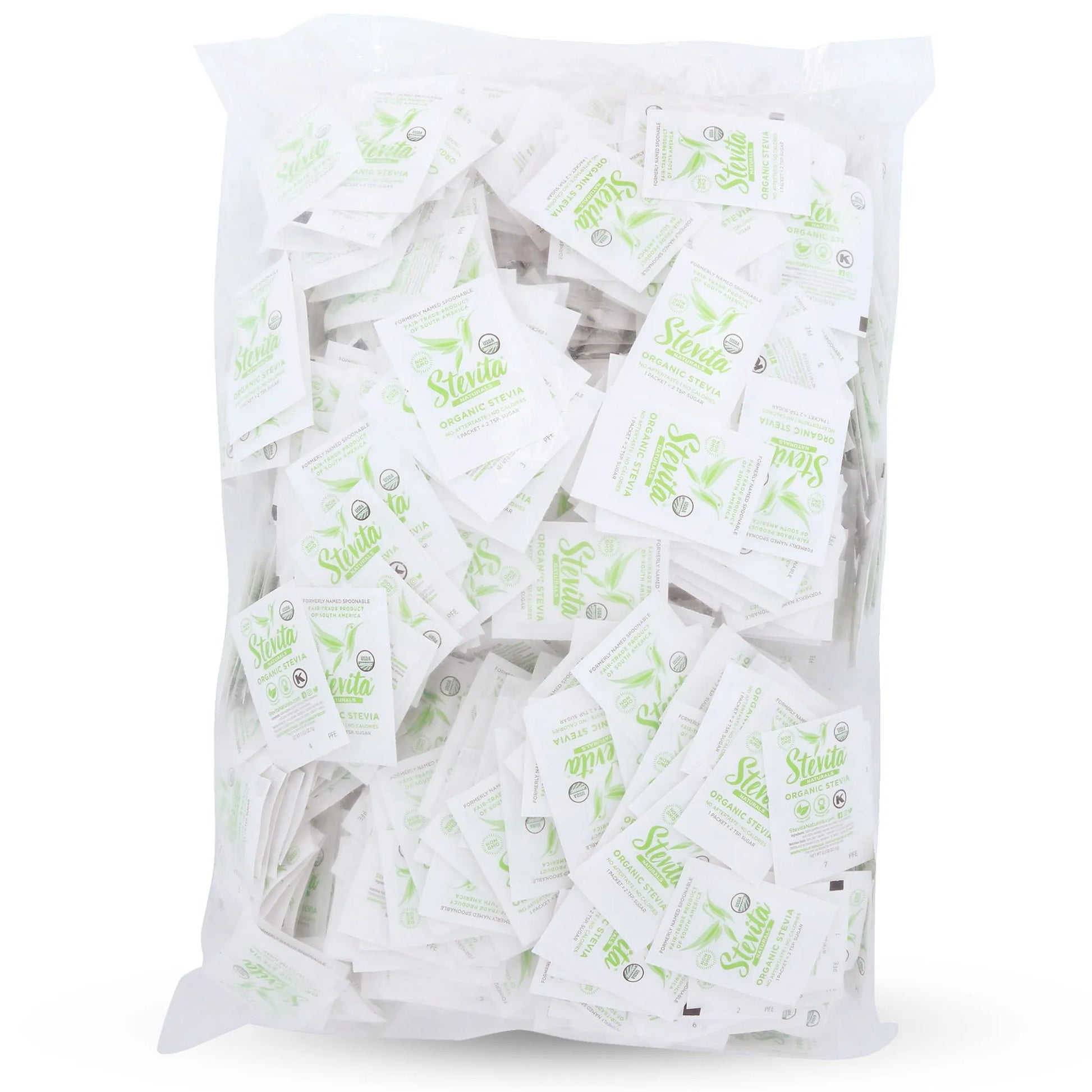 Back view of Stevita Naturals Organic Stevia Bag sweetener. 1000 single-serve packets.