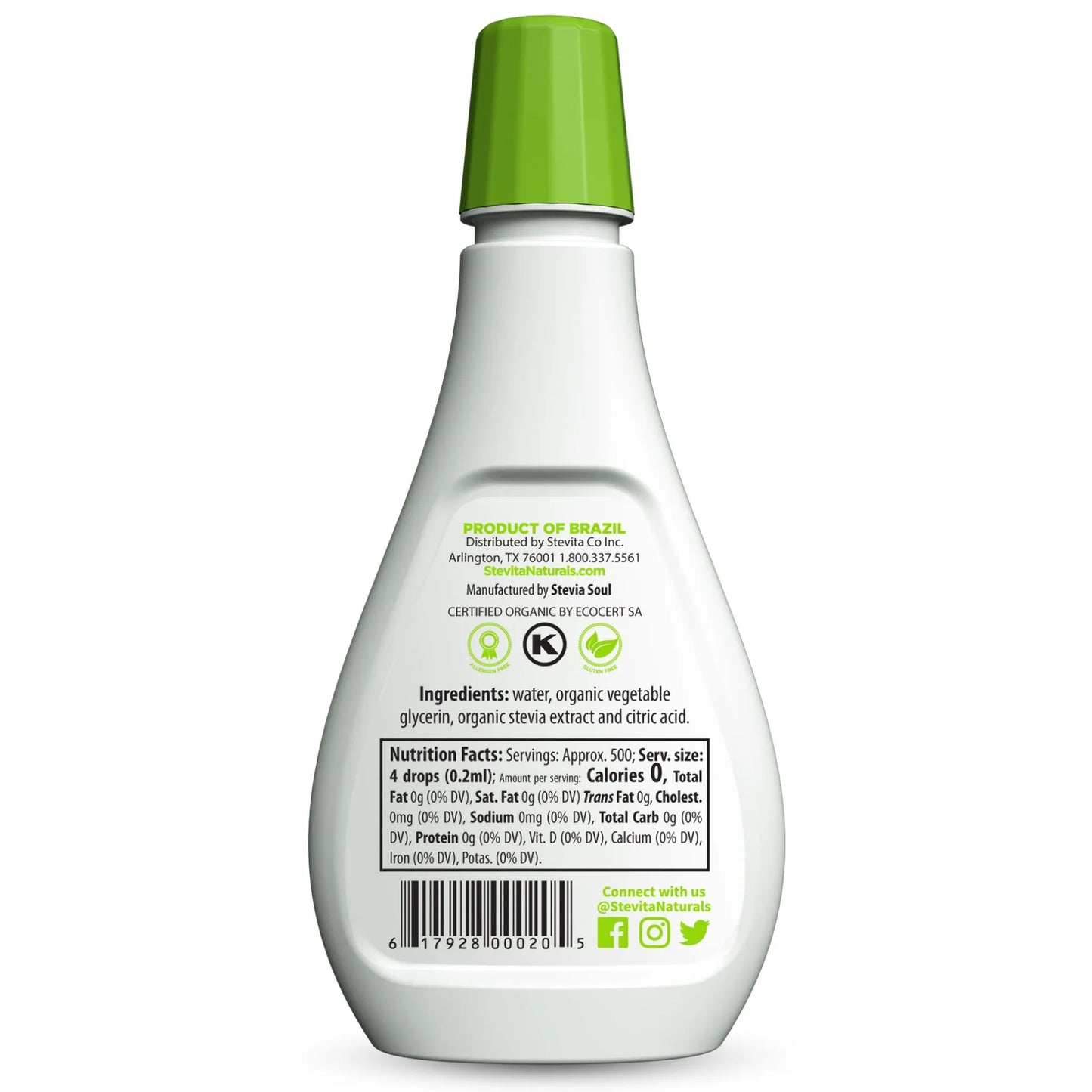 Back view of Stevita organic stevia liquid sweetener, displaying, ingredients, and nutritional information.
Ingredients: water, organic vegetable glycerin, organic stevia extract and citric acid.
Nutrition Facts: Servings: Approx. 500; Serv. size: 4 drops (0.2ml); Amount per serving: Calories 0, Total Fat 0g (0% DV), Sat. Fat 0g (0% DV), Trans Fat 0g, Cholest. 0mg (0% DV), Sodium 0mg (0%), Total Carb 0g (0% DV), Protein 0g (0% DV), Vit. D (0% DV), Calcium (0% DV), Iron (0% DV), Potas. (0% DV).