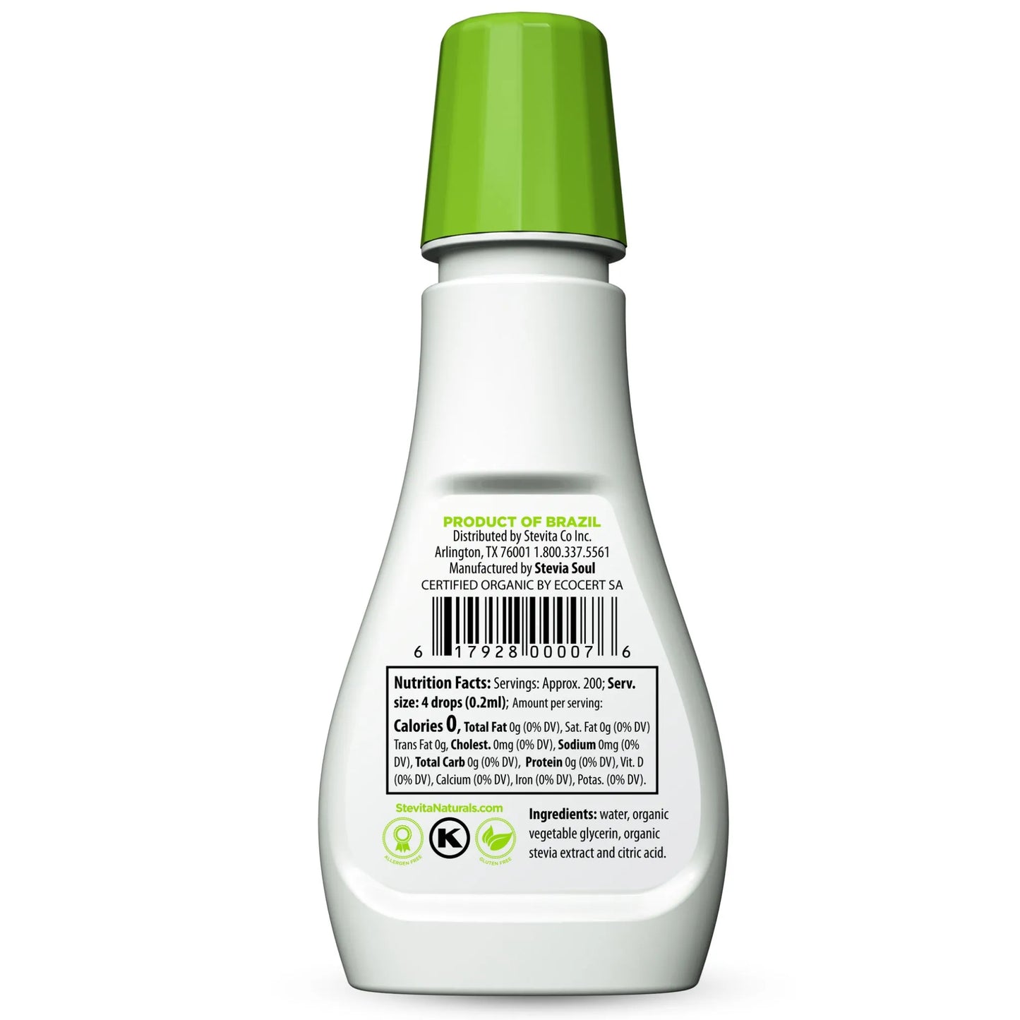 Back view of a bottle showing a label with product information and a barcode.
Nutrition Facts: Servings: Approx. 200; Serv. size: 4 drops (0.2ml); Amount per serving: Calories 0, Total Fat 0g (0% DV), Sat. Fat 0g (0% DV) Trans Fat 0g, Cholest. 0mg (0% DV), Sodium 0mg (0% DV) Total Carb 0g (0% DV), Protein 0g (0% DV), Vit. D 0 (0% DV), Calcium 0% (0% DV), Iron 0% (0% DV), Potas. 0% (0% DV)
Ingredients: water, organic vegetable glycerin, organic stevia extract and citric acid.