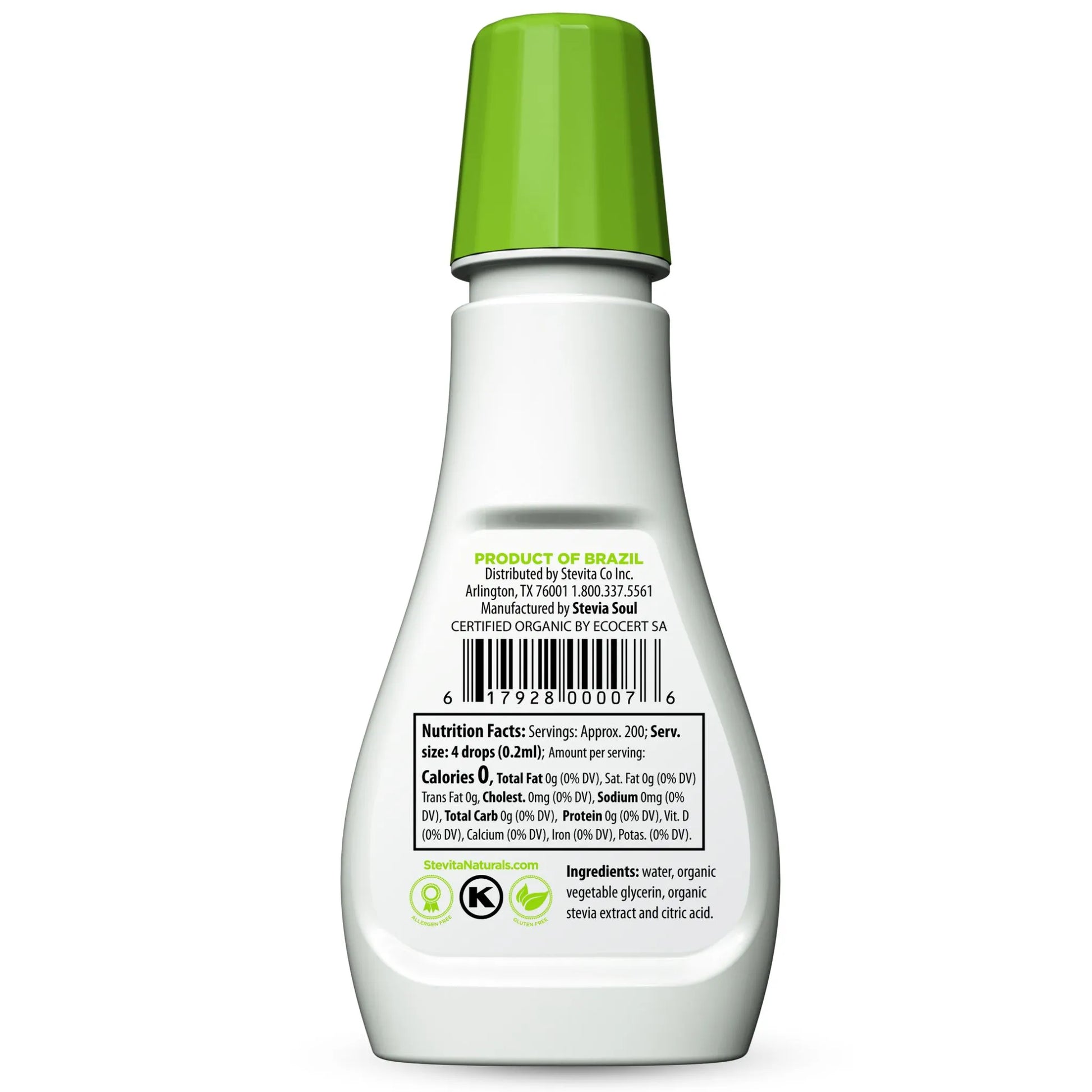 Back view of a bottle showing a label with product information and a barcode.
Nutrition Facts: Servings: Approx. 200; Serv. size: 4 drops (0.2ml); Amount per serving: Calories 0, Total Fat 0g (0% DV), Sat. Fat 0g (0% DV) Trans Fat 0g, Cholest. 0mg (0% DV), Sodium 0mg (0% DV) Total Carb 0g (0% DV), Protein 0g (0% DV), Vit. D 0 (0% DV), Calcium 0% (0% DV), Iron 0% (0% DV), Potas. 0% (0% DV)
Ingredients: water, organic vegetable glycerin, organic stevia extract and citric acid.