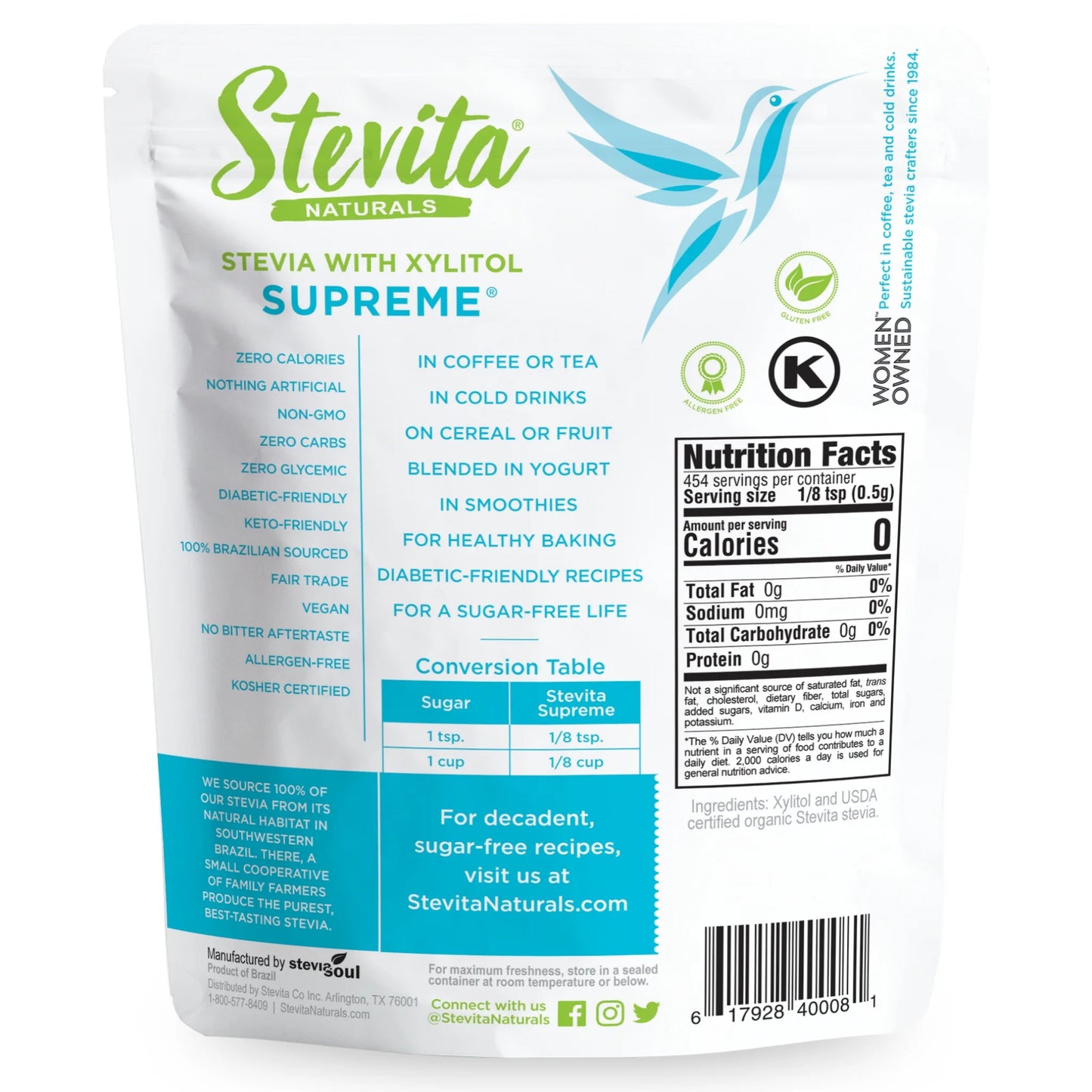 Back view of Stevita Naturals' Stevia with Xylitol Supreme Pouch. Highlights include zero calories, keto-friendly benefits, and a nutrition facts table.