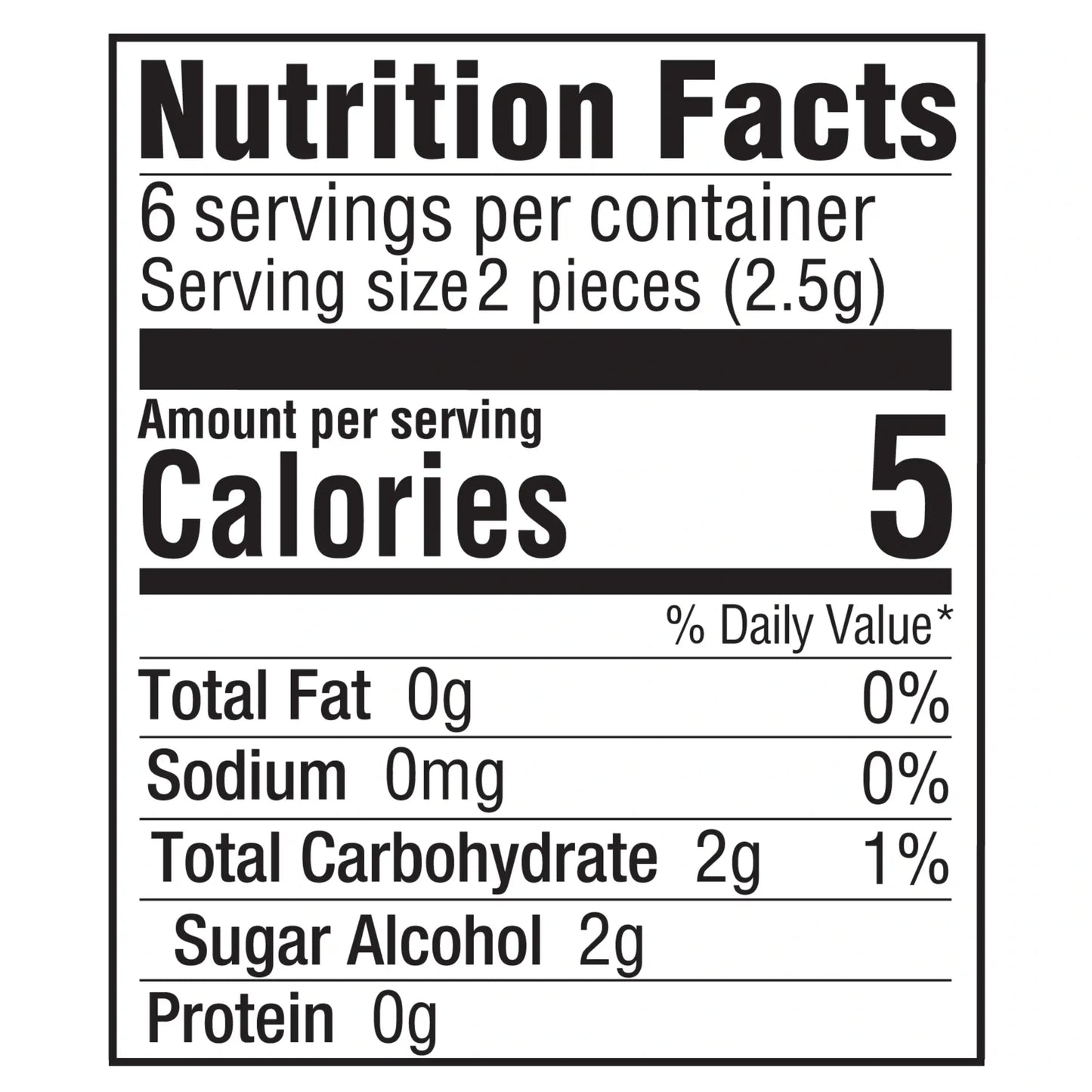 "Nutrition Facts
6 servings per container
Serving size 2 pieces (2.5g)
Amount per serving
Calories 5
% Daily Value*
Total Fat 0g 0%
Sodium 0mg 0%
Total Carbohydrate 2g 1%
Sugar Alcohol 2g
Protein 0g"