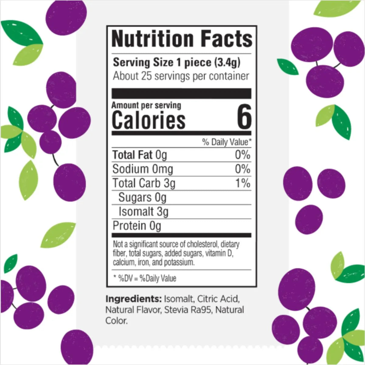 Detailed nutrition facts and ingredients list for grape-flavored sugar-free hard candy, emphasizing stevia sweetening and no artificial additives.