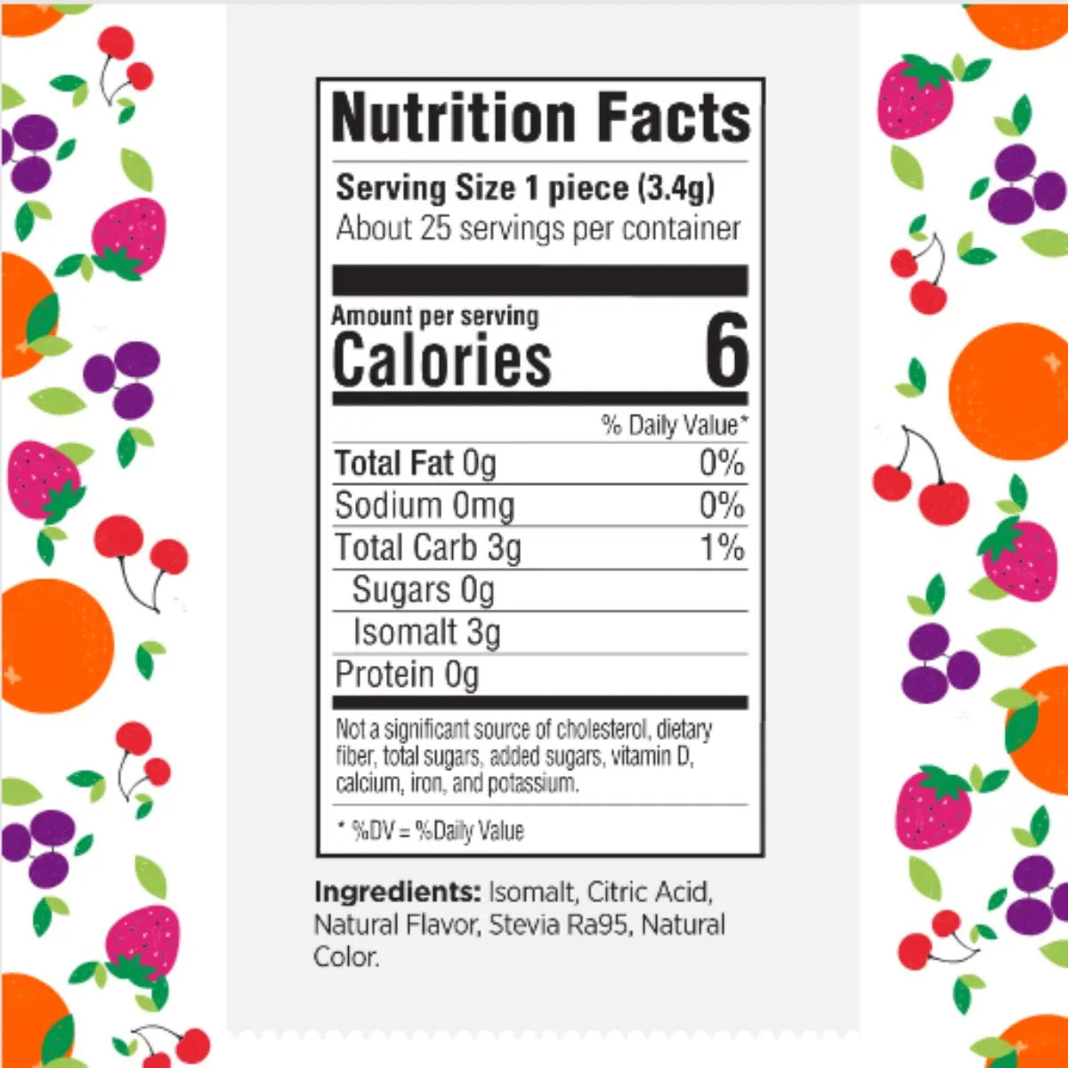 Detailed nutrition facts and ingredients list for all-flavored sugar-free hard candy, emphasizing stevia sweetening and no artificial additives.