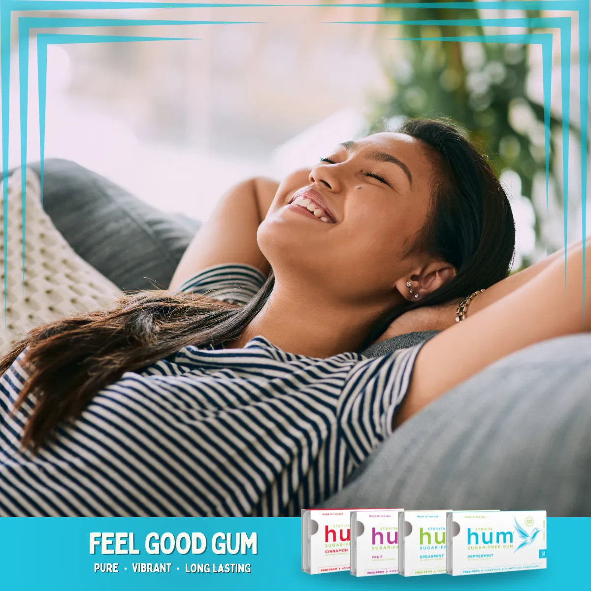 Woman Relaxing with Hum Gum: Feel Good Gum. Pure, vibrant, and long-lasting.
