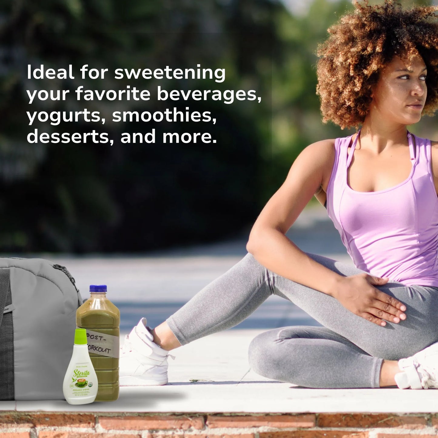 A person stretching next to a gym bag with bottles labeled "Post-Workout" and "Stevia Sweetener."